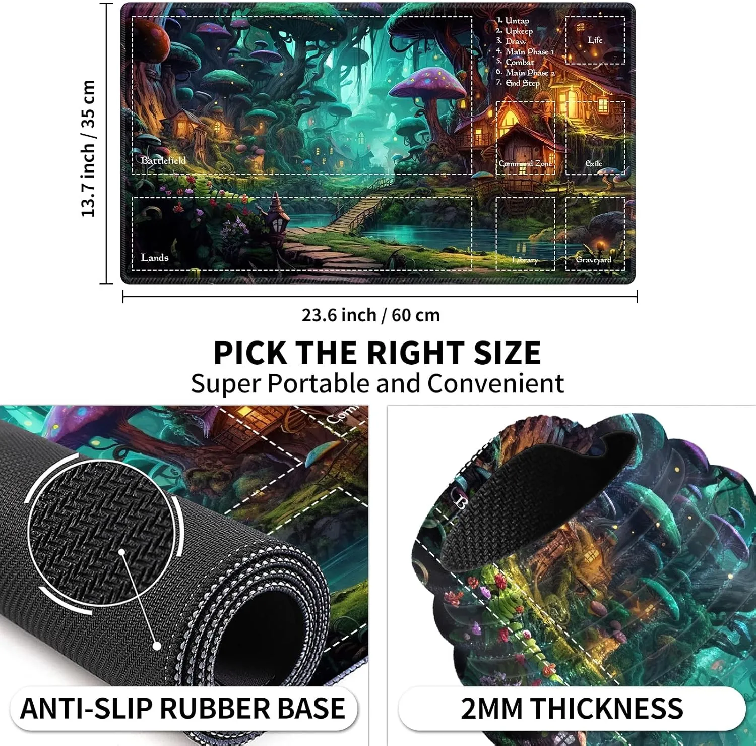Playmat with Zones for MTG Card Game Playing, 24"x14" Commander Deck Gaming Desk Duel Mat for Beginner, Fairy Forest Mushroom