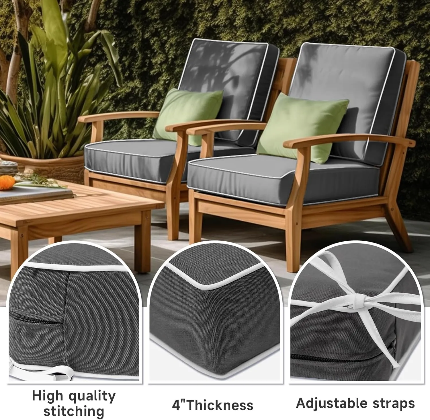 PNP FKJP 2 Pack Outdoor Chair Cushion 20" X 20" X 4", Waterproof Outdoor Seat Cushions with Non-Skid Ties,Dark Gray (Cushion   Cover)