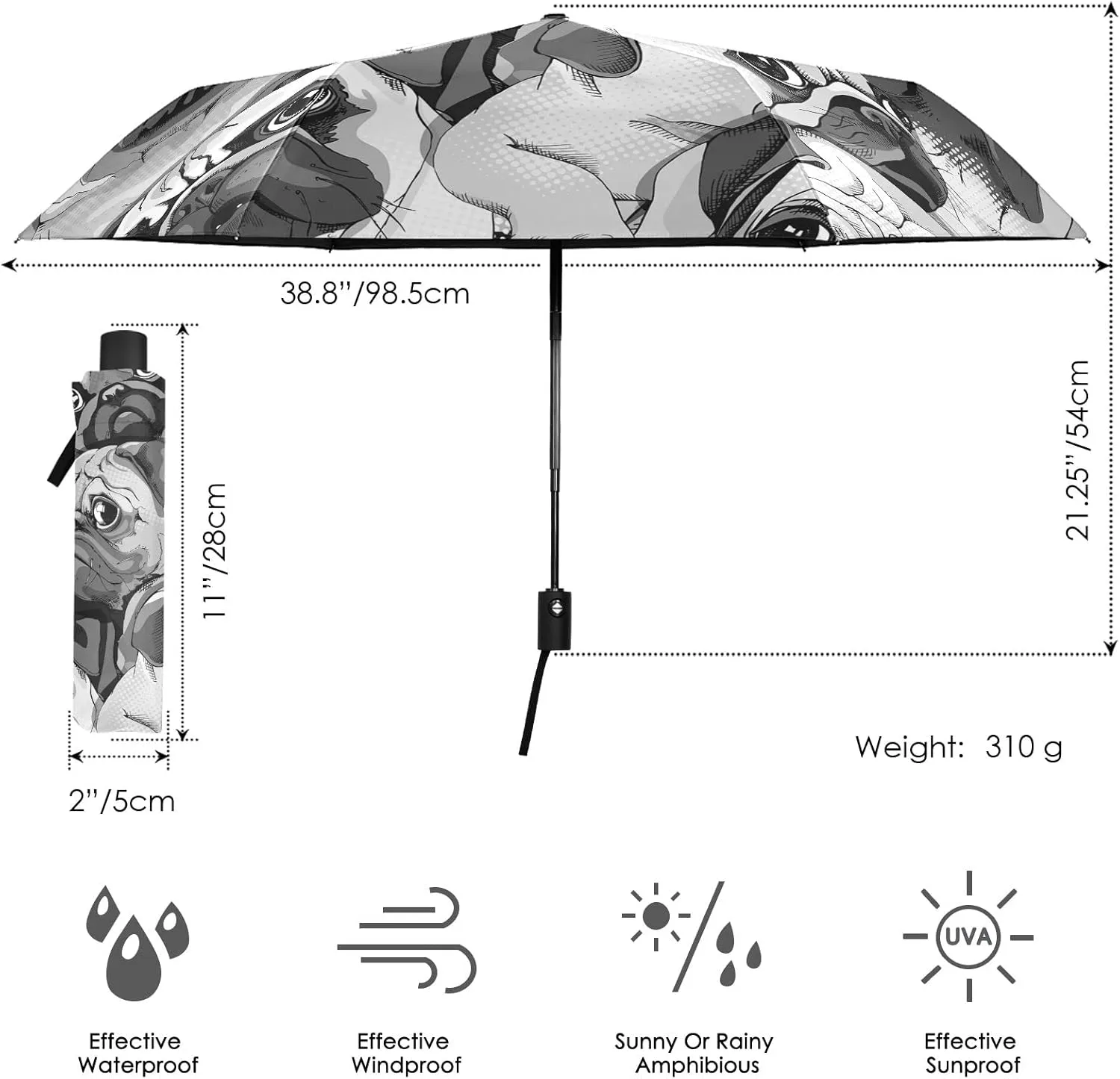 Poeticcity Automatic Folding Umbrella, Auto Open/Close Anti-UV 3 Folds Parasol, Compact Windproof Strong Umbrellas for Travel Sun & Rain