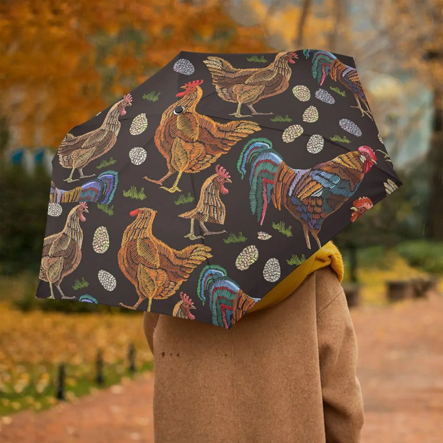 Poeticcity Automatic Folding Umbrella, Auto Open/Close Anti-UV 3 Folds Parasol, Compact Windproof Strong Umbrellas for Travel Sun & Rain
