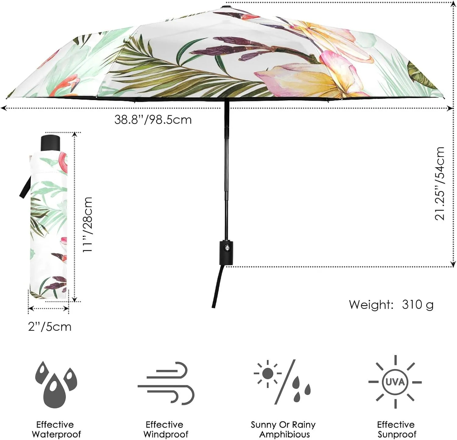 Poeticcity Automatic Folding Umbrella, Auto Open/Close Anti-UV 3 Folds Parasol, Compact Windproof Strong Umbrellas for Travel Sun & Rain