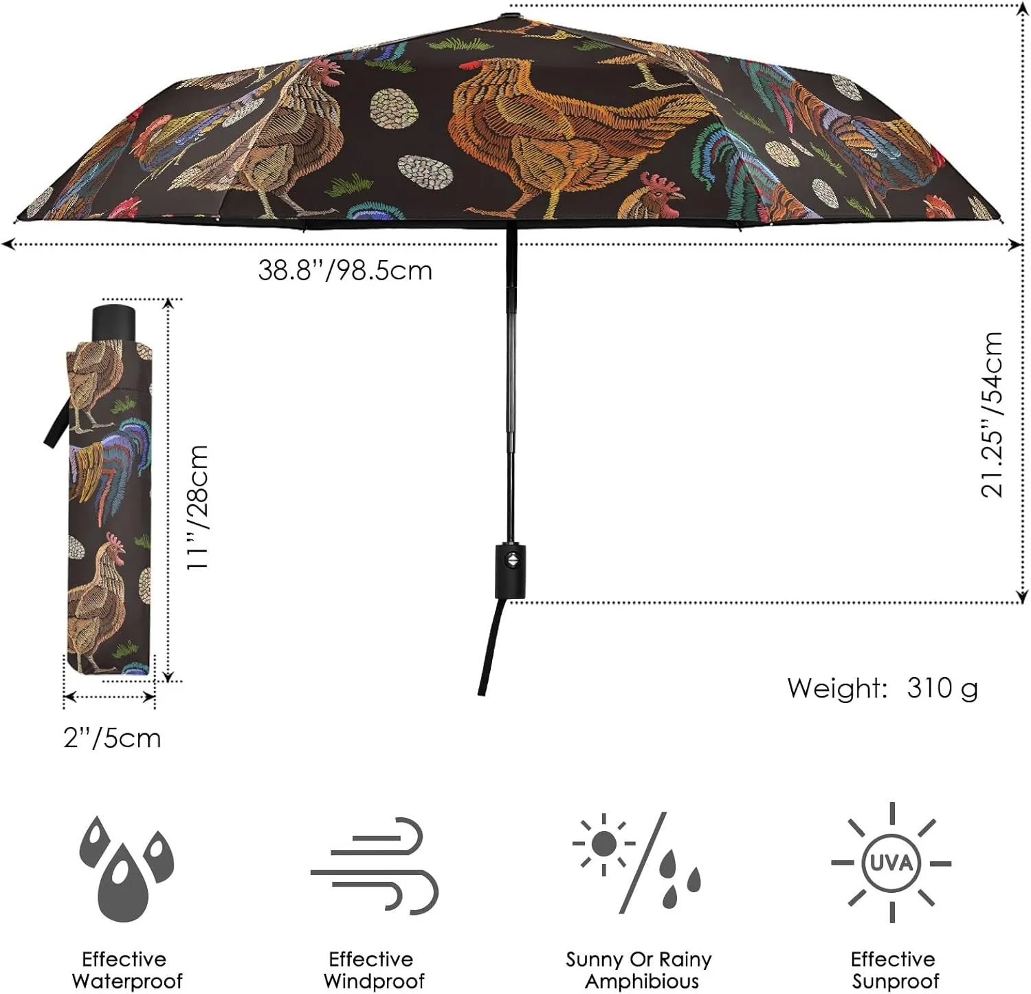 Poeticcity Automatic Folding Umbrella, Auto Open/Close Anti-UV 3 Folds Parasol, Compact Windproof Strong Umbrellas for Travel Sun & Rain