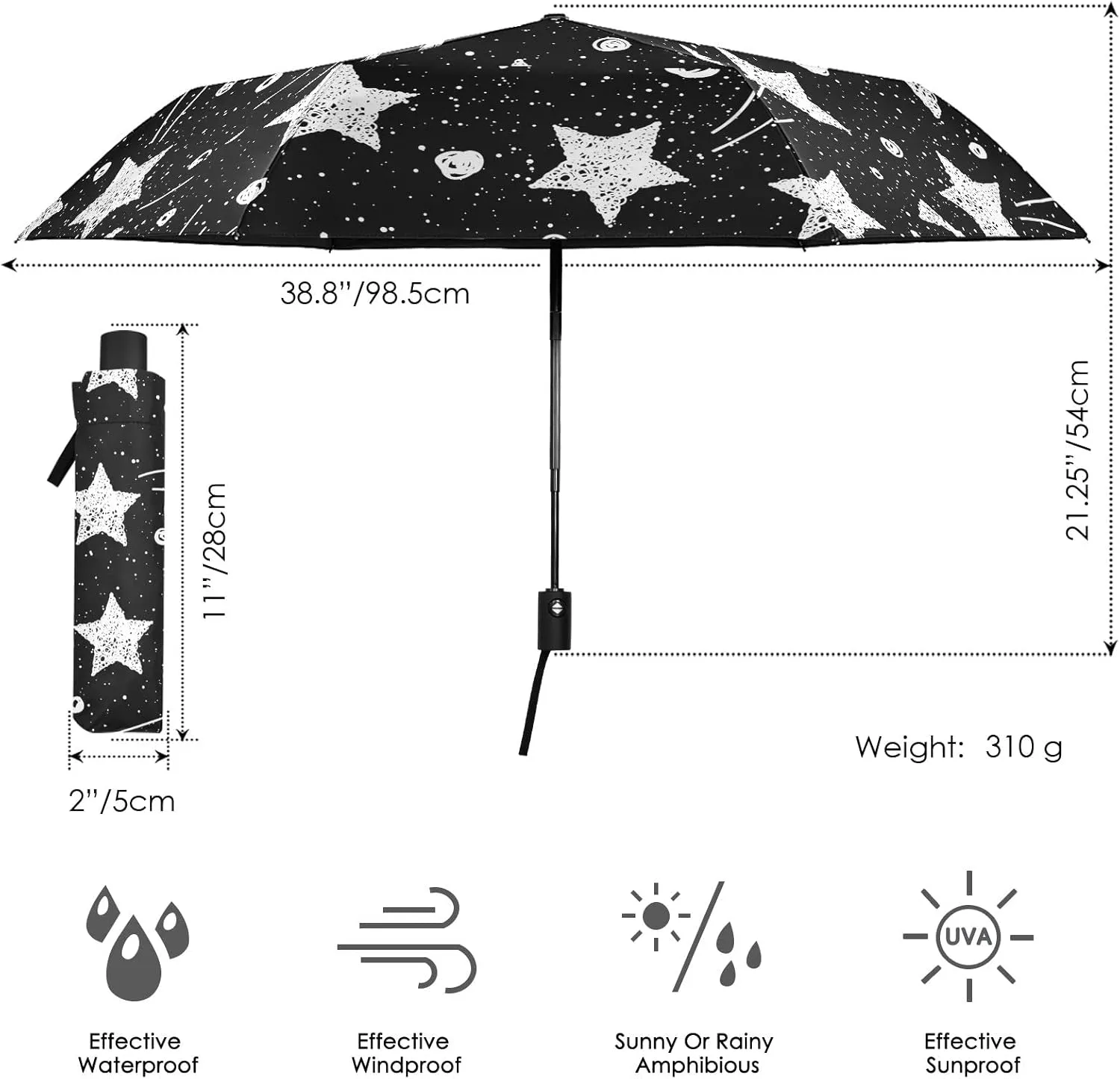 Poeticcity Automatic Folding Umbrella, Auto Open/Close Anti-UV 3 Folds Parasol, Compact Windproof Strong Umbrellas for Travel Sun & Rain