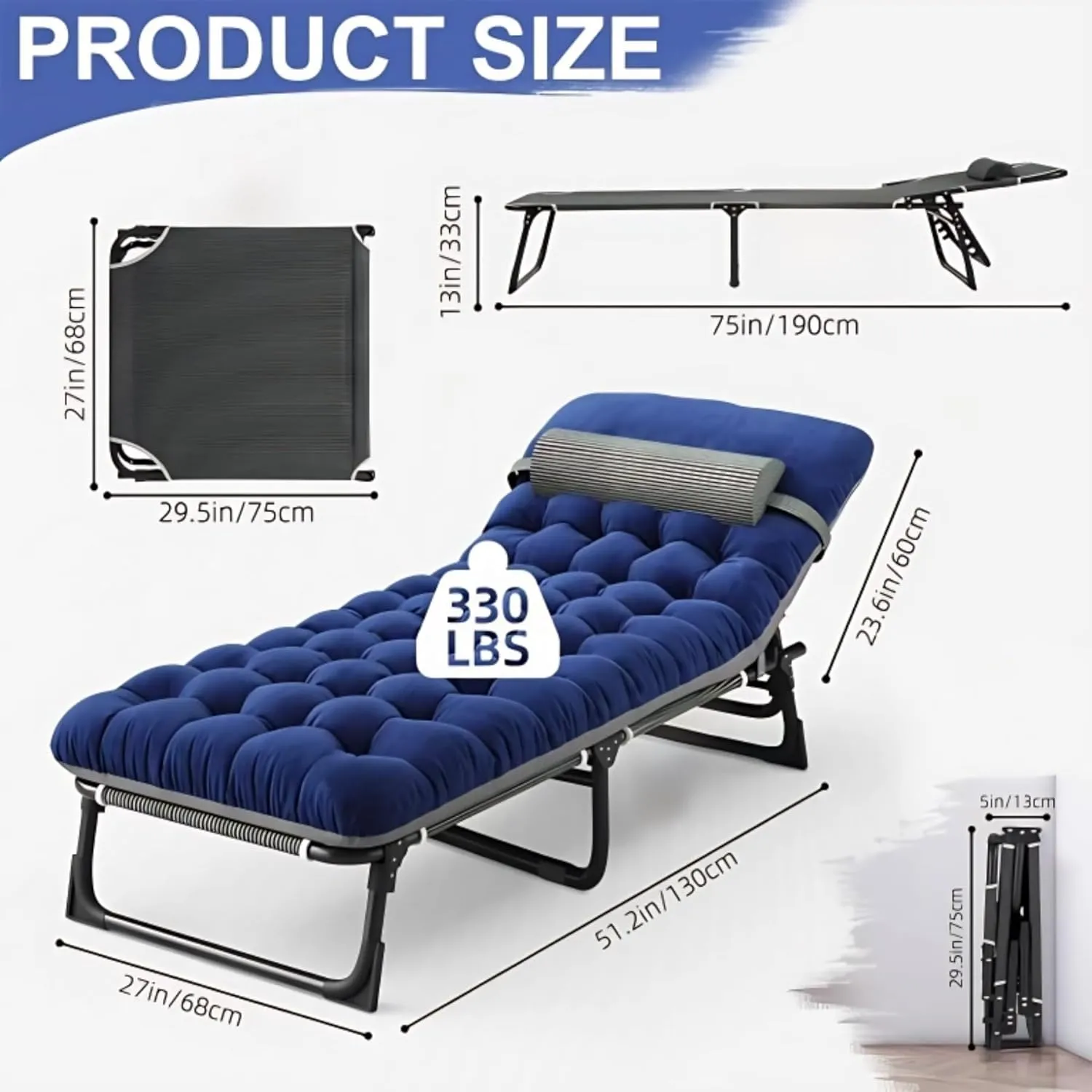 Portable Camping Cot for Adults with Removable Mattress, Double Layer 1200D 330lb Foading Cot, Heavy Duty Camping Bed with Pillow, 4-Position Reclining for Guest Sleeping (Blue)