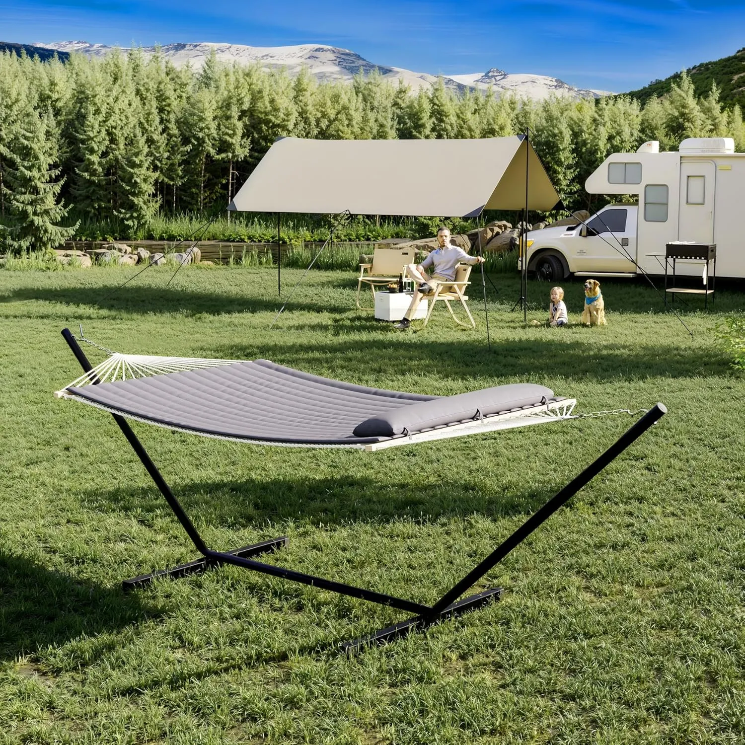 Premium 2-Person Hammock Set with Quick-Lock Steel Stand – Commercial-Grade Outdoor Lounger for Patio, Camping & Backyard 500lb Capacity,Gray (Flat)