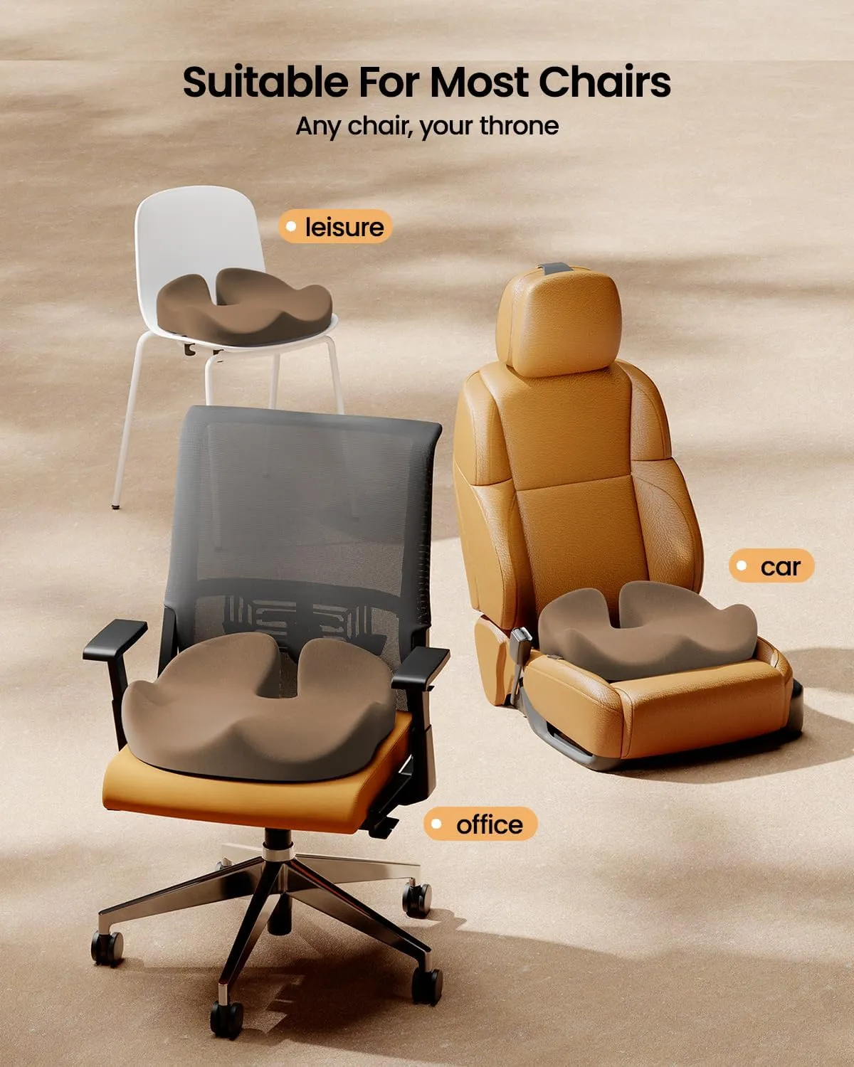 ProtoArc Seat Cushion for Tailbone Pain Relief, Office Chair Cushion, Coccyx Cushion, Ergonomic Memory Foam Seat Cushion for Home, Car, Pressure Relief Pad for Hip, Coccyx, All Day Comfort - Coffee