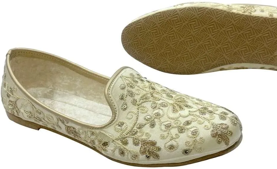 Punjabi Mojaris Mens Shoes Cream Wedding for Groom,Traditional Indian Footwear Ethnic Peshawari Slippers