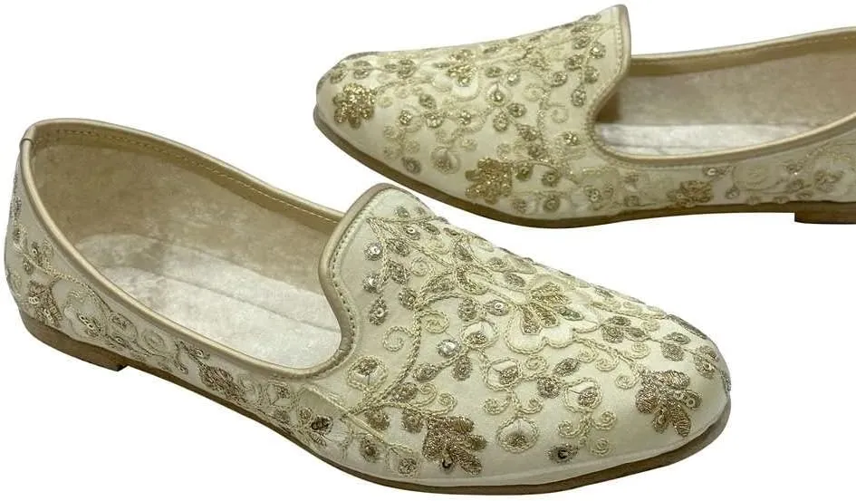 Punjabi Mojaris Mens Shoes Cream Wedding for Groom,Traditional Indian Footwear Ethnic Peshawari Slippers