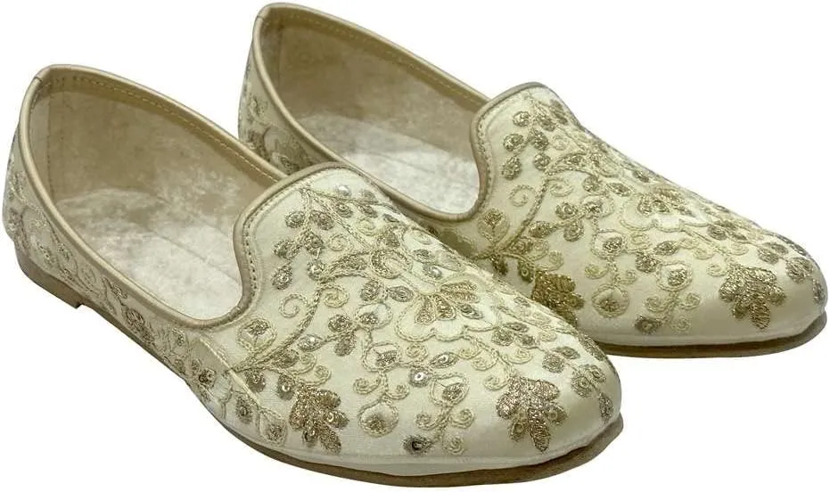 Punjabi Mojaris Mens Shoes Cream Wedding for Groom,Traditional Indian Footwear Ethnic Peshawari Slippers