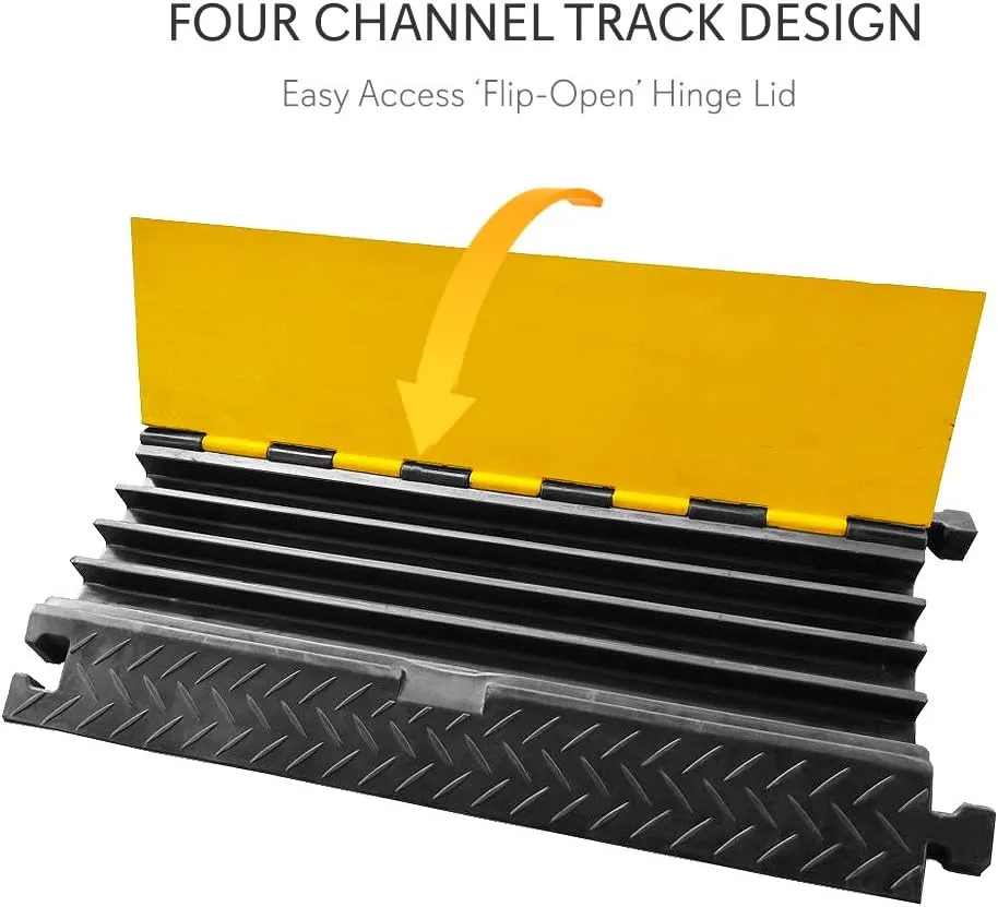 Pyle Durable Cable Protective Ramp Cover - Supports 33000lbs Four Channel Heavy Duty Cord Protection w/ Flip-Open Top Cover, 31.5” x 16.1” x 3.14” Cable Concealer for Indoor Outdoor Use -PCBLCO106