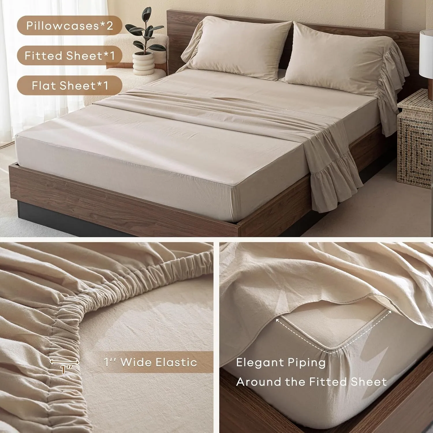 QSH 100% Cotton Queen Sheet Set,Ruffle Bed Sheets Linen Feel Textured Farmhouse Shabby Vintage Chic Bedding 4 Pieces Aesthetic French Country Queen Bed Set Soft Breathable