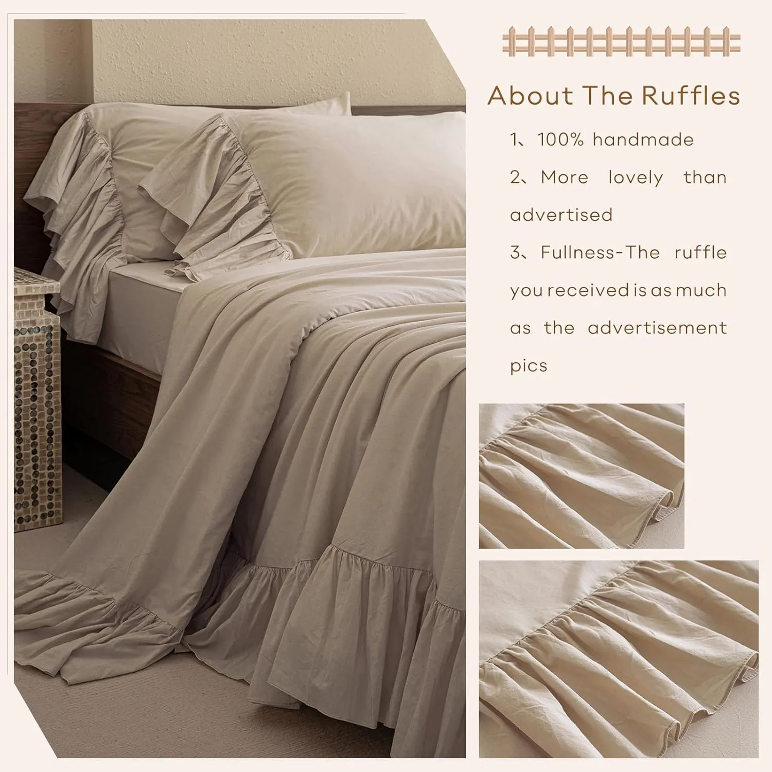 QSH 100% Cotton Queen Sheet Set,Ruffle Bed Sheets Linen Feel Textured Farmhouse Shabby Vintage Chic Bedding 4 Pieces Aesthetic French Country Queen Bed Set Soft Breathable