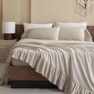 QSH 100% Cotton Queen Sheet Set,Ruffle Bed Sheets Linen Feel Textured Farmhouse Shabby Vintage Chic Bedding 4 Pieces Aesthetic French Country Queen Bed Set Soft Breathable