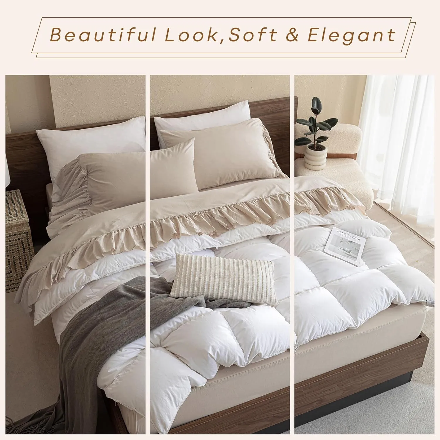 QSH 100% Cotton Queen Sheet Set,Ruffle Bed Sheets Linen Feel Textured Farmhouse Shabby Vintage Chic Bedding 4 Pieces Aesthetic French Country Queen Bed Set Soft Breathable