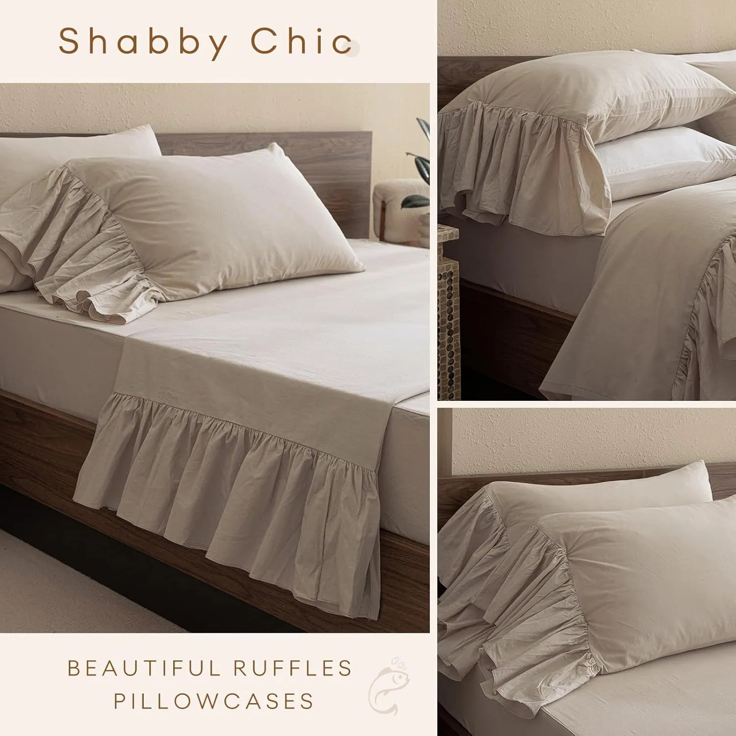 QSH 100% Cotton Queen Sheet Set,Ruffle Bed Sheets Linen Feel Textured Farmhouse Shabby Vintage Chic Bedding 4 Pieces Aesthetic French Country Queen Bed Set Soft Breathable