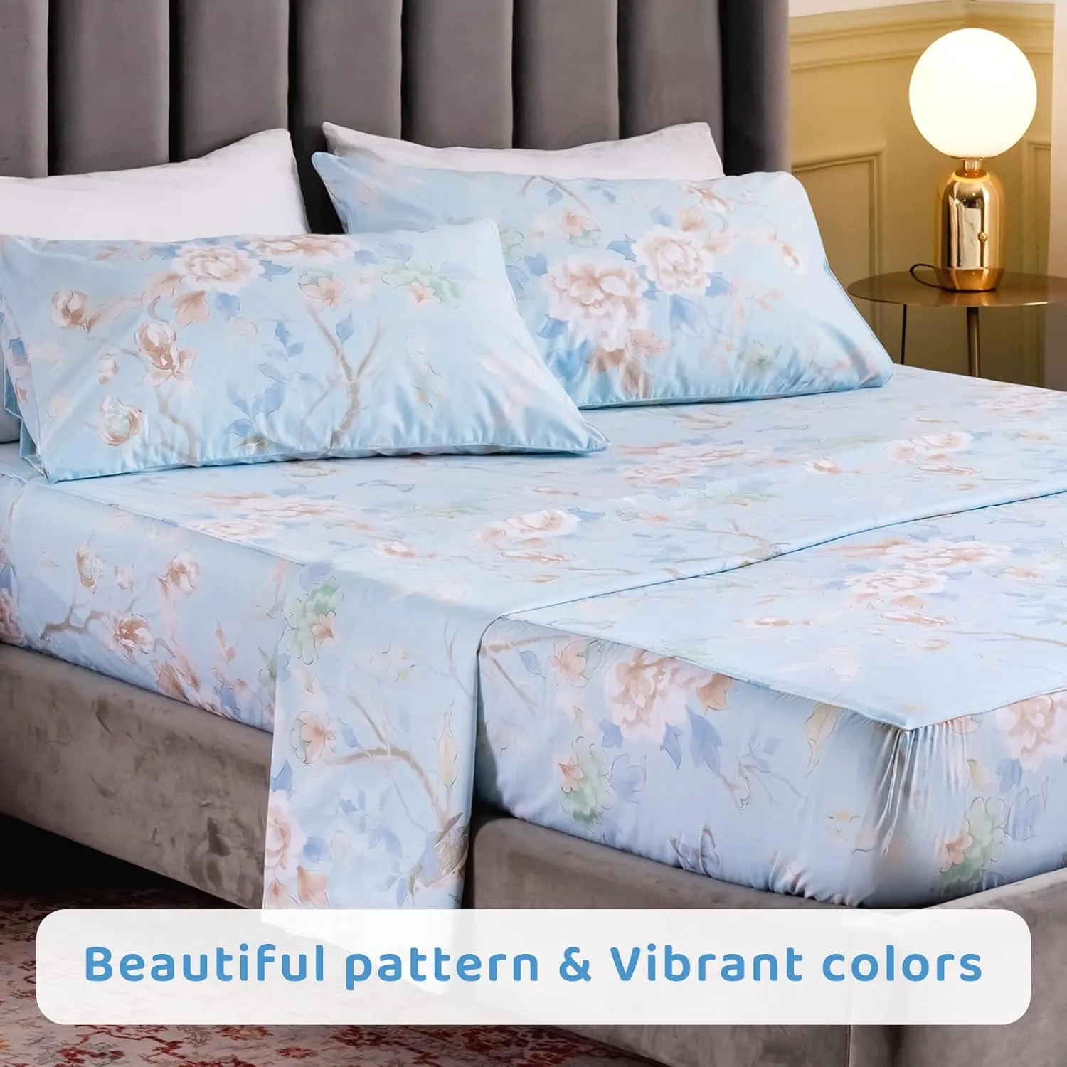 QSH Floral Bed Sheets Set Queen Size - Luxury Bird Butterfly Print Bed Sheet Set - 100% Egyptian Cotton Extra Soft and Breathable - 4 pcs Deep Pockets Flower Bed Sheets