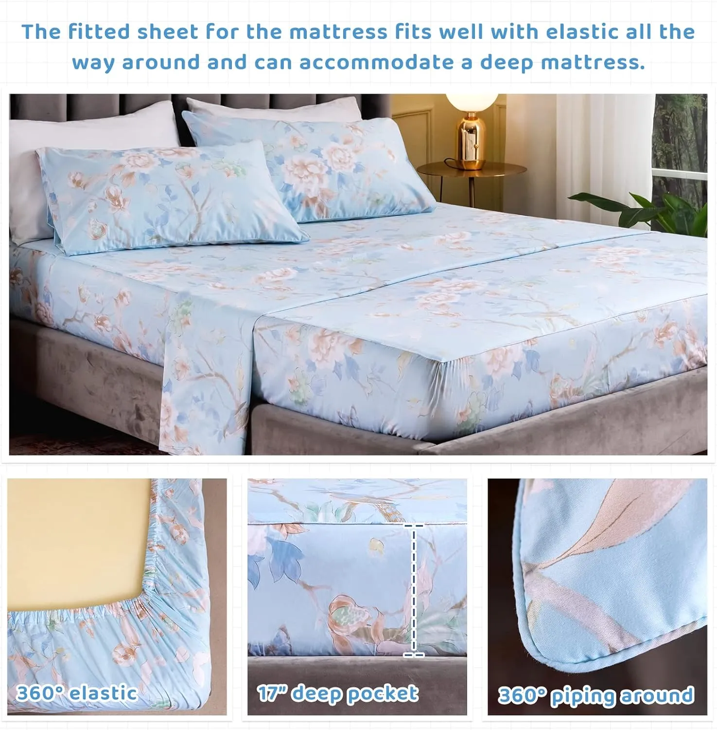 QSH Floral Bed Sheets Set Queen Size - Luxury Bird Butterfly Print Bed Sheet Set - 100% Egyptian Cotton Extra Soft and Breathable - 4 pcs Deep Pockets Flower Bed Sheets