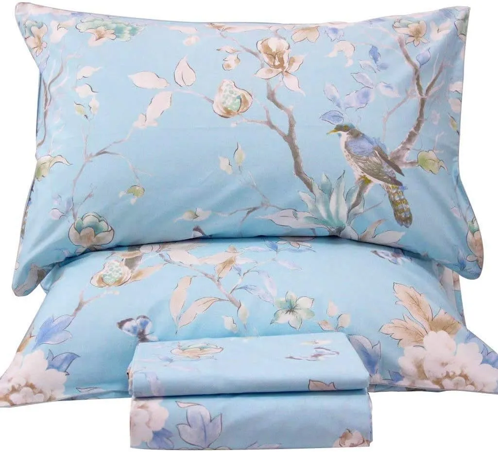 QSH Floral Bed Sheets Set Queen Size - Luxury Bird Butterfly Print Bed Sheet Set - 100% Egyptian Cotton Extra Soft and Breathable - 4 pcs Deep Pockets Flower Bed Sheets