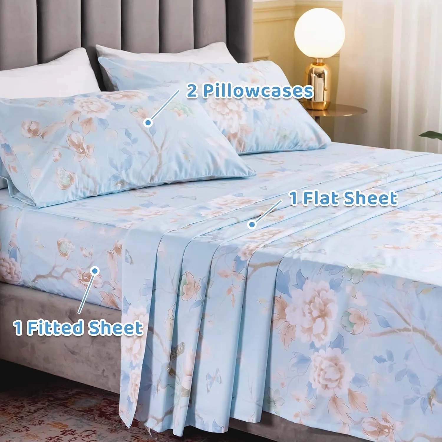 QSH Floral Bed Sheets Set Queen Size - Luxury Bird Butterfly Print Bed Sheet Set - 100% Egyptian Cotton Extra Soft and Breathable - 4 pcs Deep Pockets Flower Bed Sheets