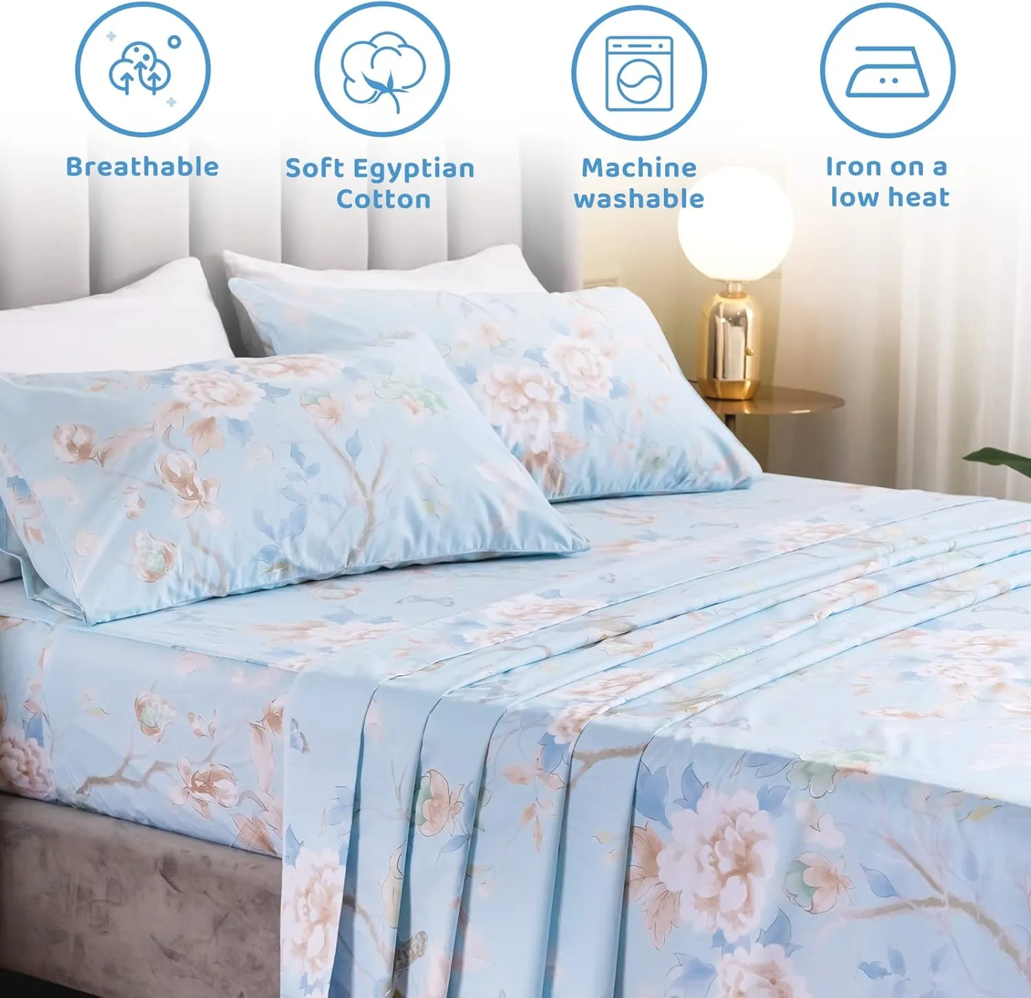 QSH Floral Bed Sheets Set Queen Size - Luxury Bird Butterfly Print Bed Sheet Set - 100% Egyptian Cotton Extra Soft and Breathable - 4 pcs Deep Pockets Flower Bed Sheets