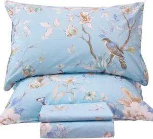 QSH Floral Bed Sheets Set Queen Size - Luxury Bird Butterfly Print Bed Sheet Set - 100% Egyptian Cotton Extra Soft and Breathable - 4 pcs Deep Pockets Flower Bed Sheets