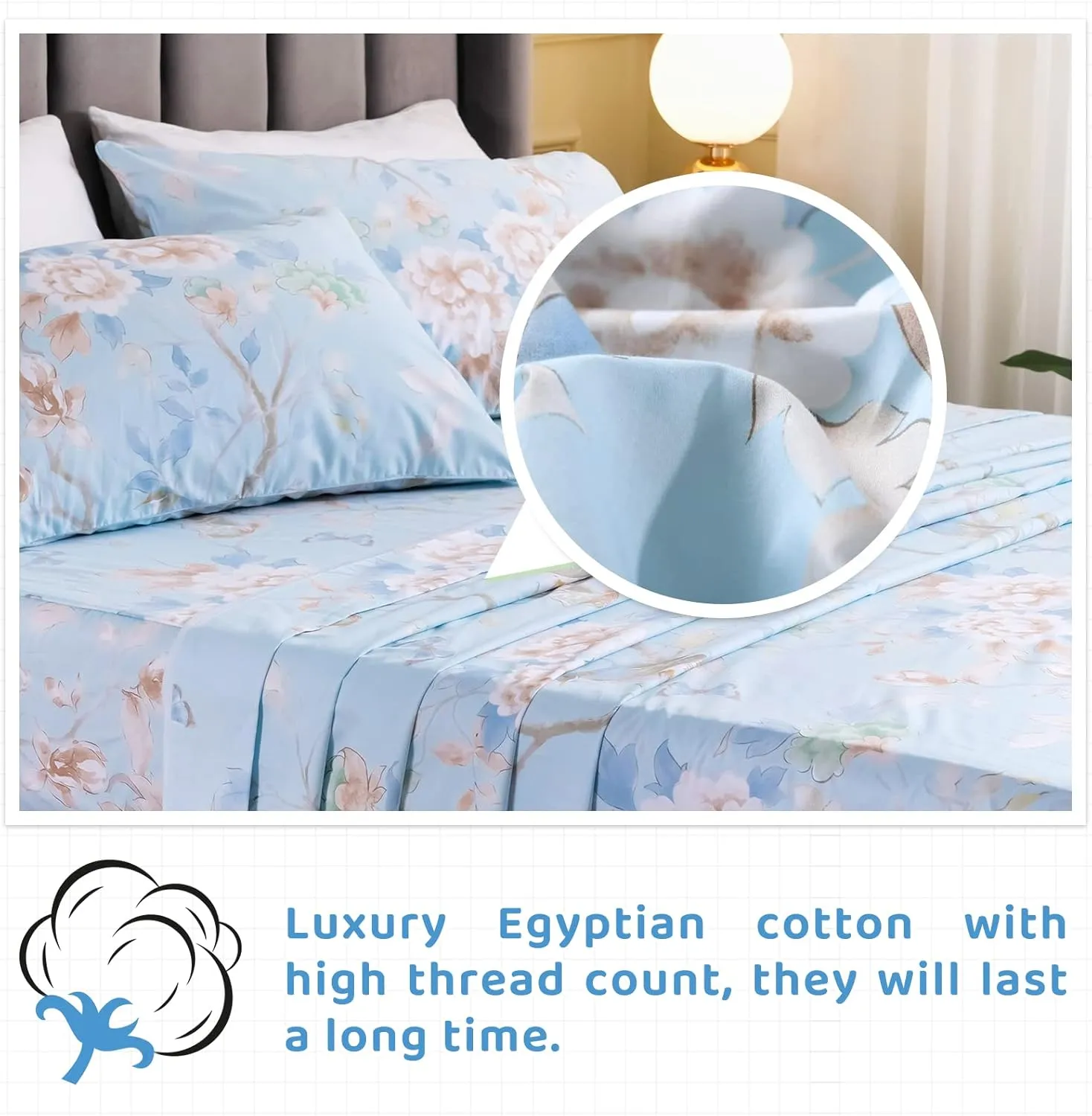 QSH Floral Bed Sheets Set Queen Size - Luxury Bird Butterfly Print Bed Sheet Set - 100% Egyptian Cotton Extra Soft and Breathable - 4 pcs Deep Pockets Flower Bed Sheets