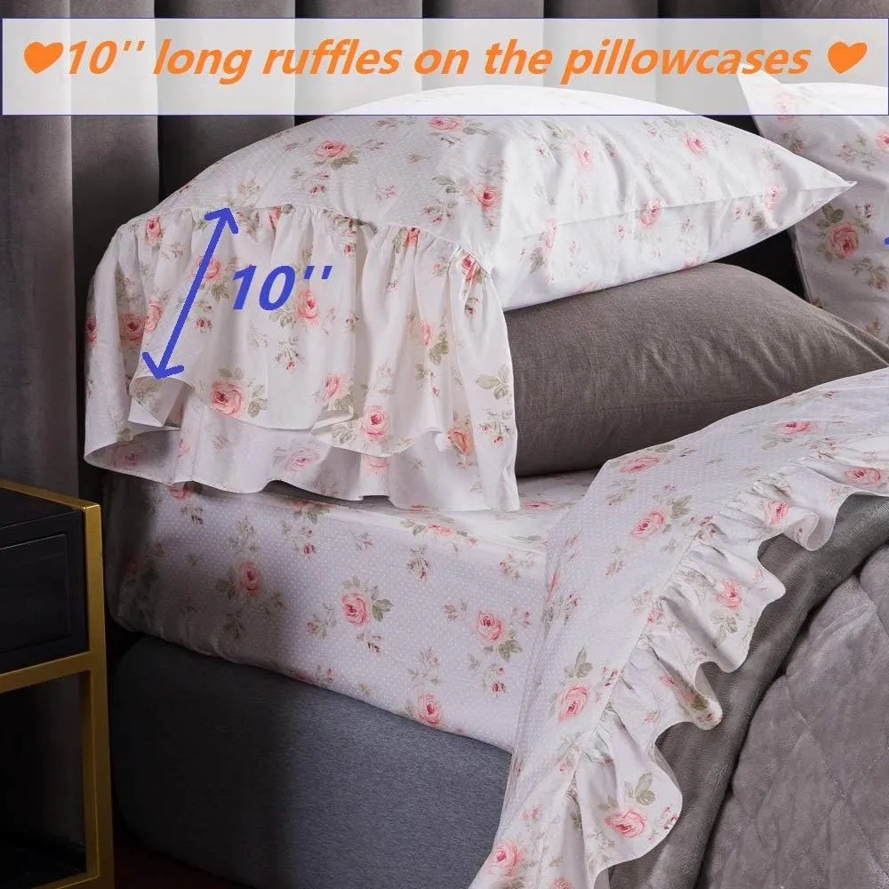 Queen's House Shabby Floral Bed Sheet Set 4-Piece Queen Size French Country Ruffle Bed Sets