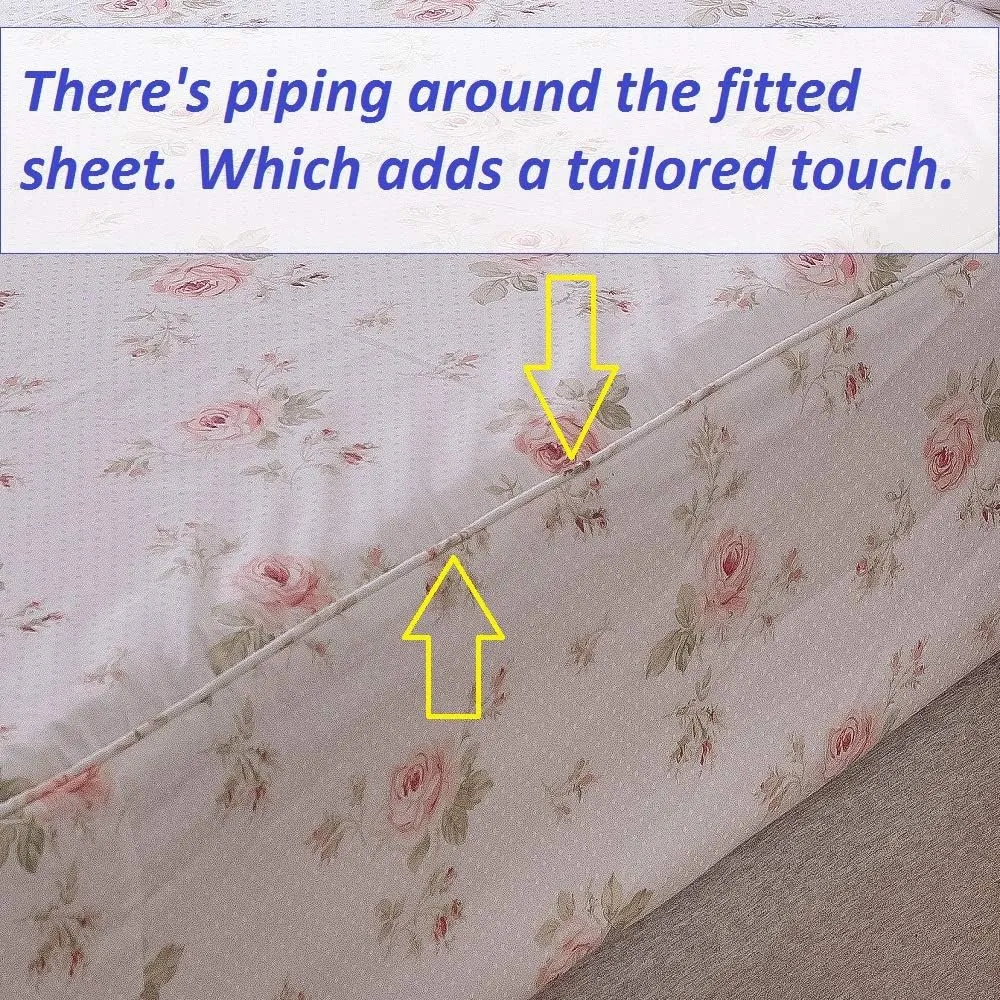Queen's House Shabby Floral Bed Sheet Set 4-Piece Queen Size French Country Ruffle Bed Sets