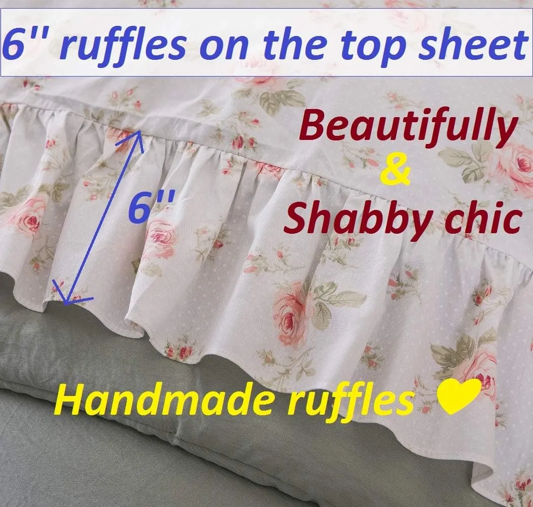 Queen's House Shabby Floral Bed Sheet Set 4-Piece Queen Size French Country Ruffle Bed Sets