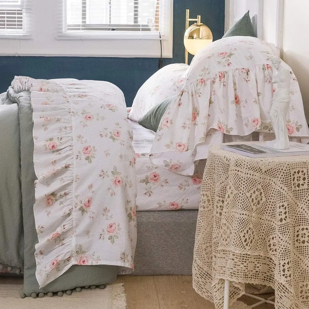 Queen's House Shabby Floral Bed Sheet Set 4-Piece Queen Size French Country Ruffle Bed Sets