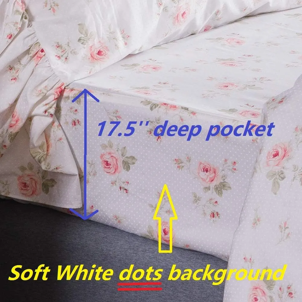 Queen's House Shabby Floral Bed Sheet Set 4-Piece Queen Size French Country Ruffle Bed Sets