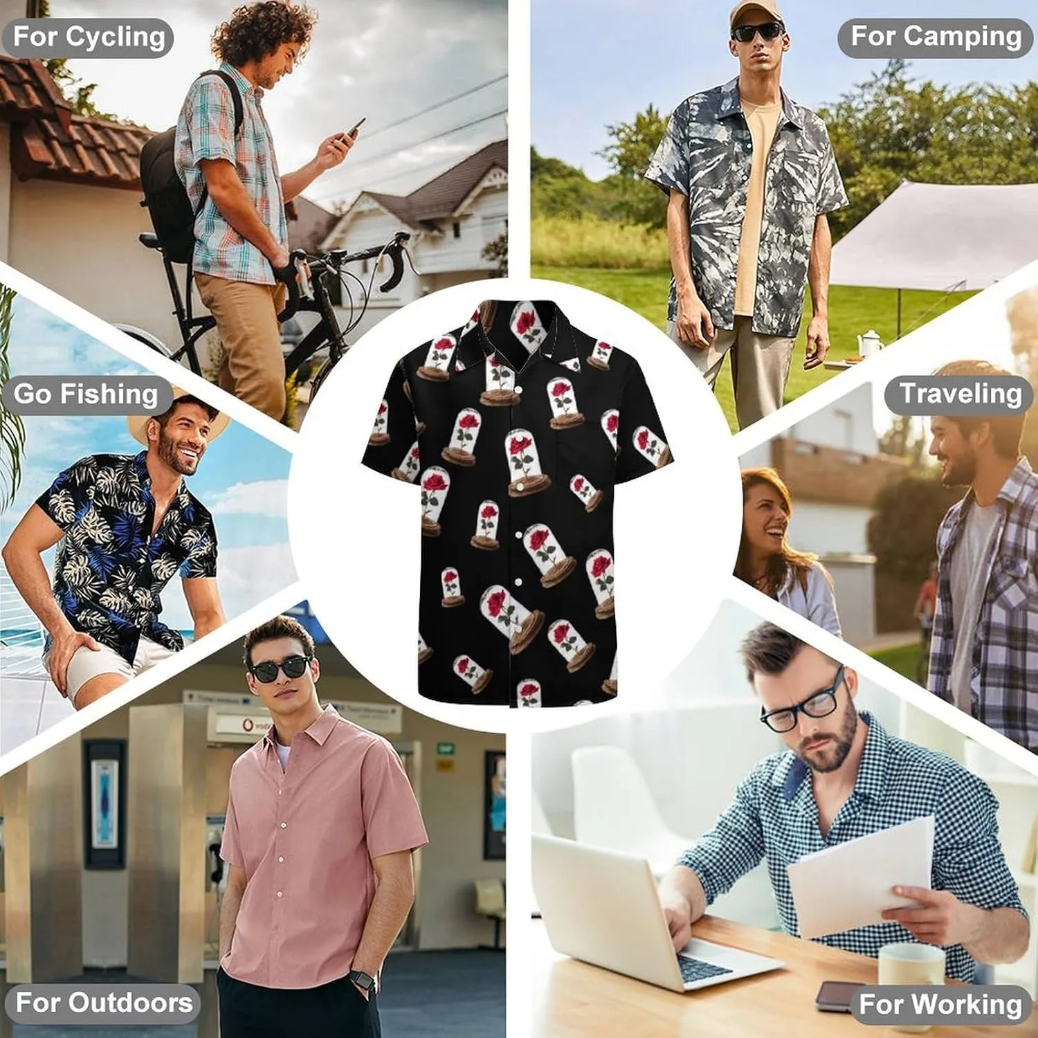 Red Rose Glass Dome Men's Short Sleeve Shirts Casual Novelty Printed Button Down Shirt Summer Tops