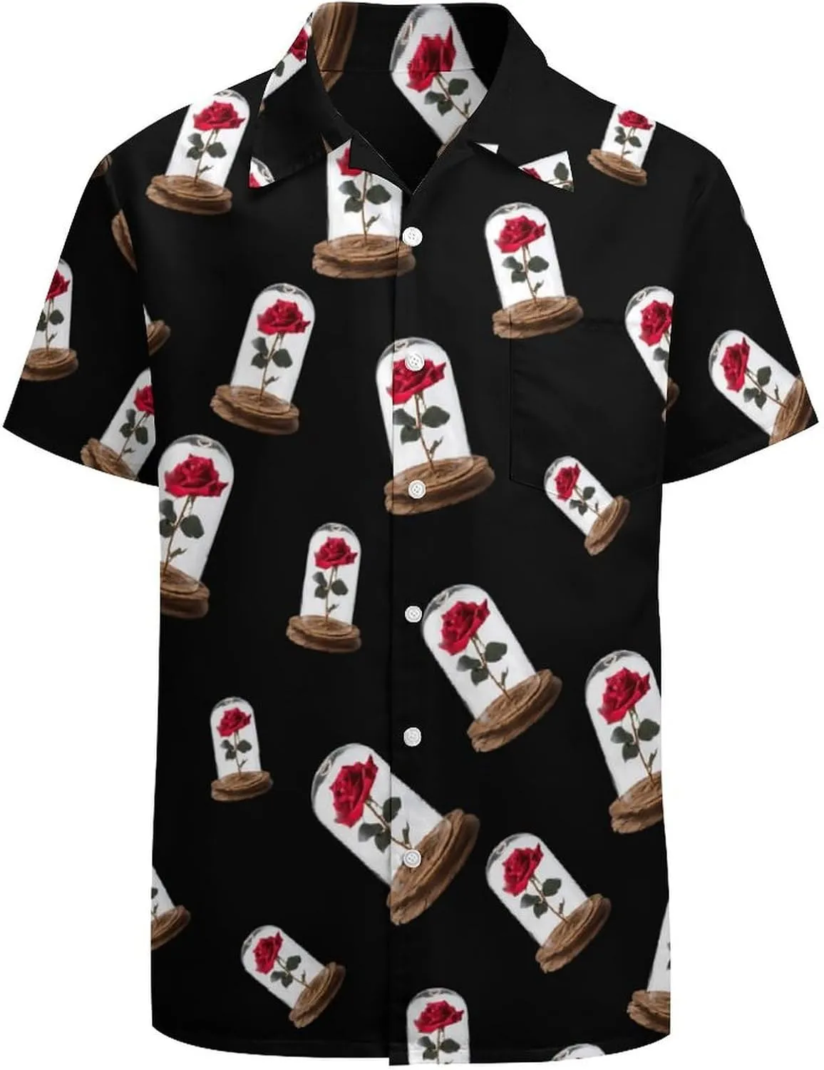 Red Rose Glass Dome Men's Short Sleeve Shirts Casual Novelty Printed Button Down Shirt Summer Tops