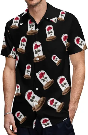 Red Rose Glass Dome Men's Short Sleeve Shirts Casual Novelty Printed Button Down Shirt Summer Tops