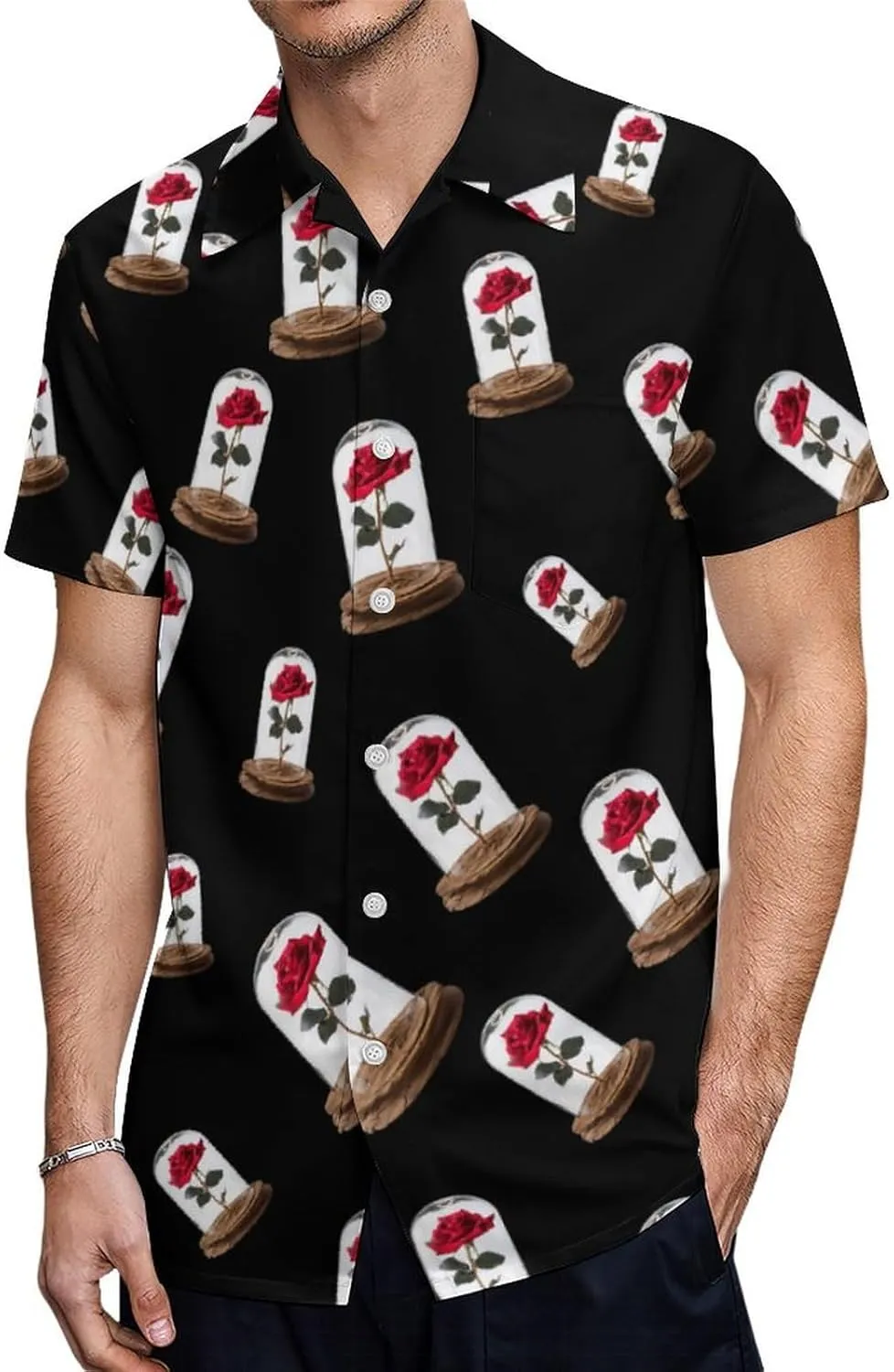 Red Rose Glass Dome Men's Short Sleeve Shirts Casual Novelty Printed Button Down Shirt Summer Tops