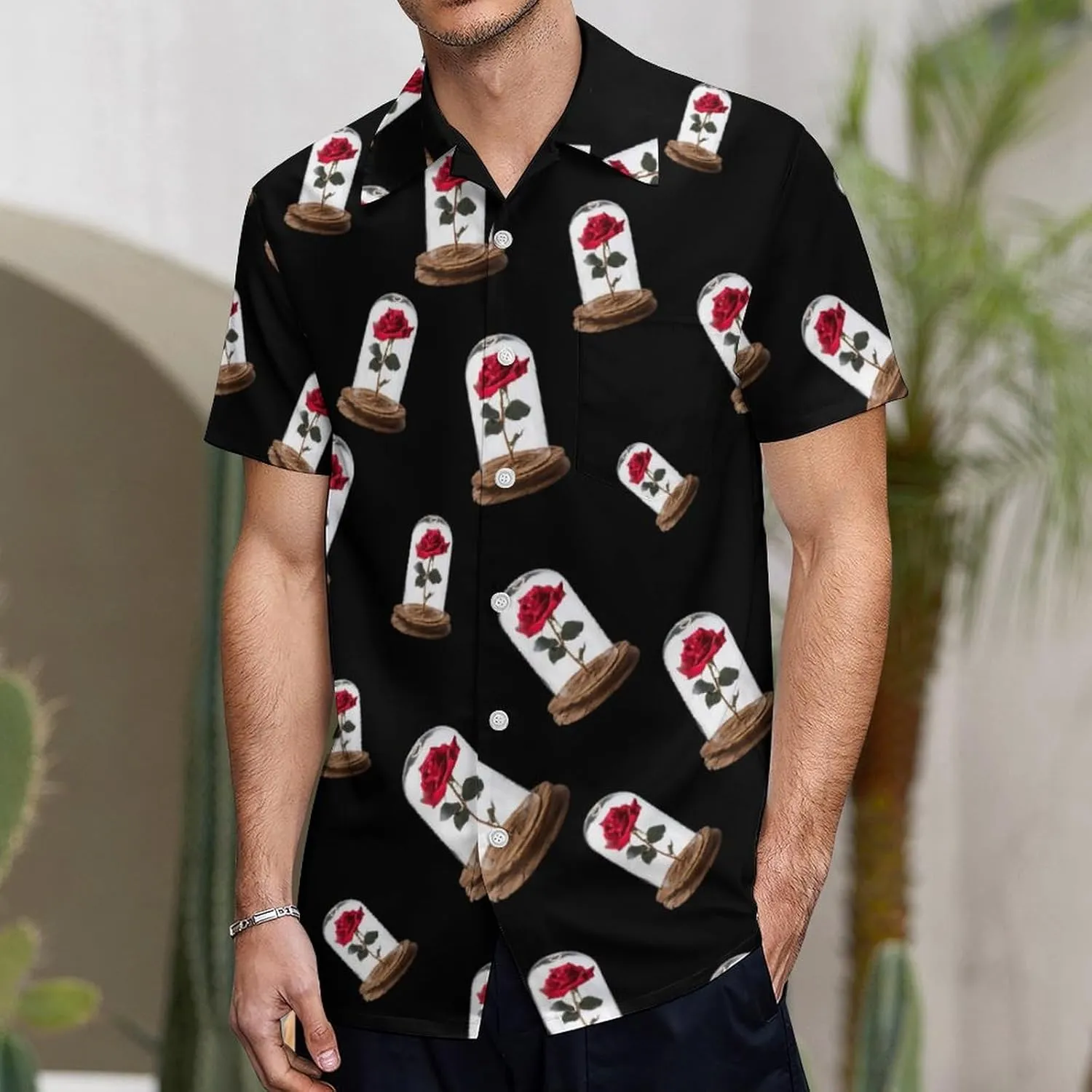 Red Rose Glass Dome Men's Short Sleeve Shirts Casual Novelty Printed Button Down Shirt Summer Tops