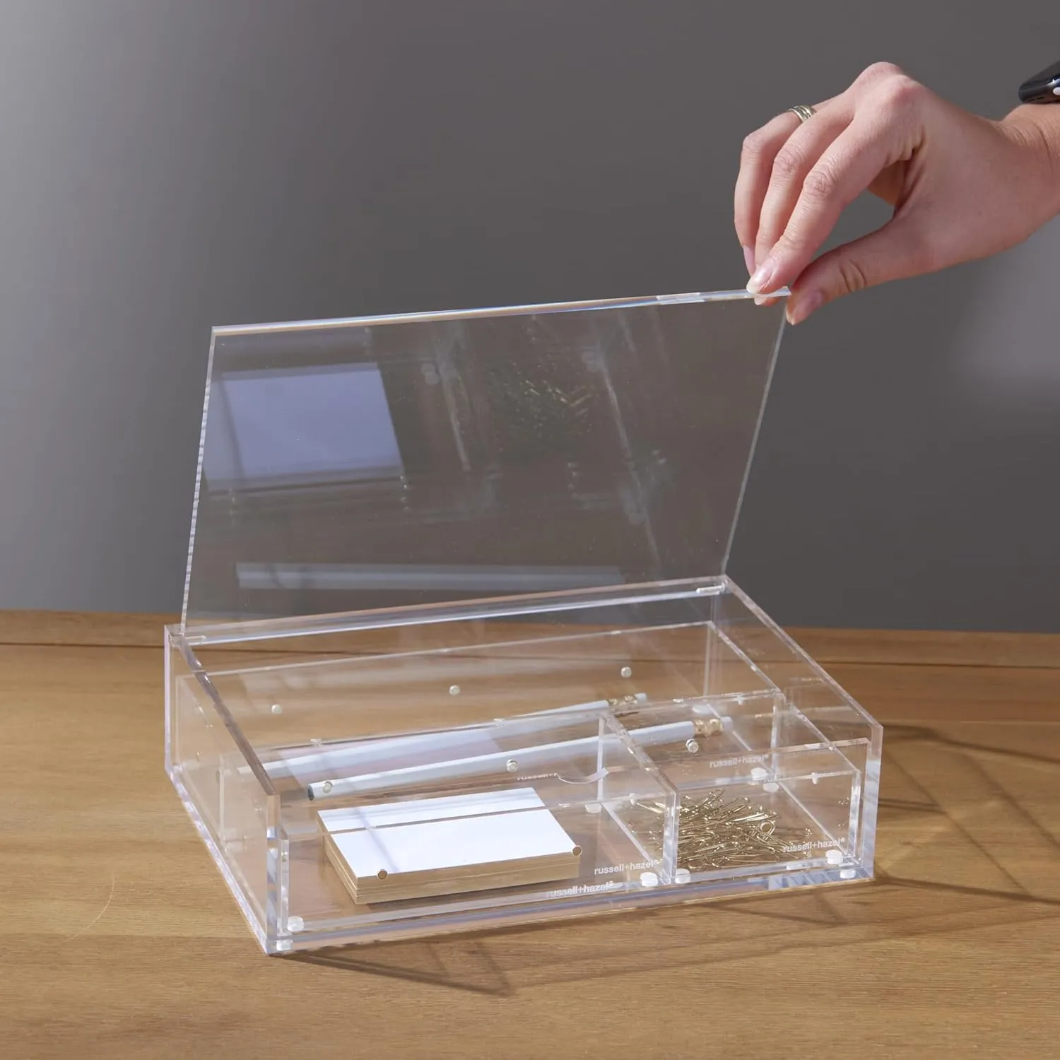russell hazel Medium Acrylic Flip Box, 9.5” x 6.5”, Desktop Organization, Clear, 1 Count, 98147