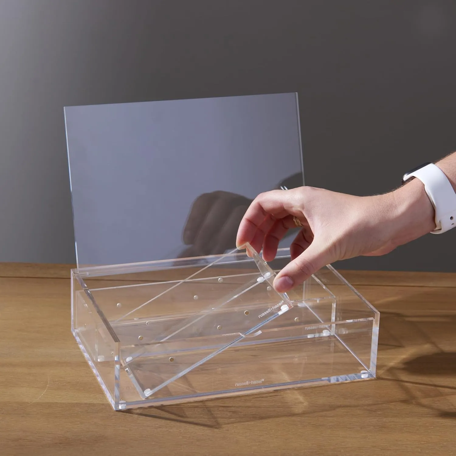 russell hazel Medium Acrylic Flip Box, 9.5” x 6.5”, Desktop Organization, Clear, 1 Count, 98147
