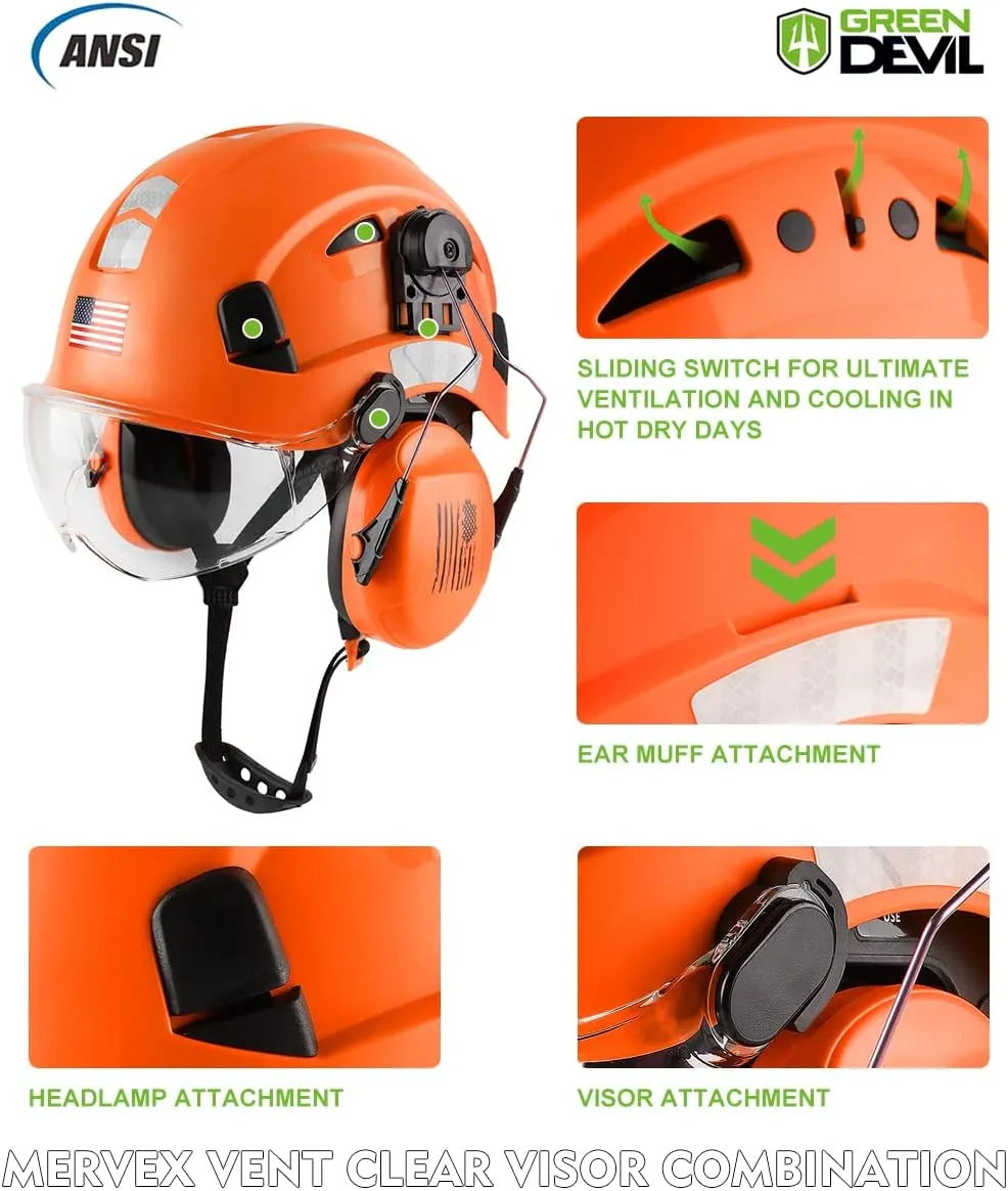 Safety Helmet Hard Hat with Visor and Ear Protection Adjustable Lightweight Vented ABS Work Helmet for Men and Women 6-Point Suspension ANSI Z89.1 Approved Ideal for Industrial & Construction