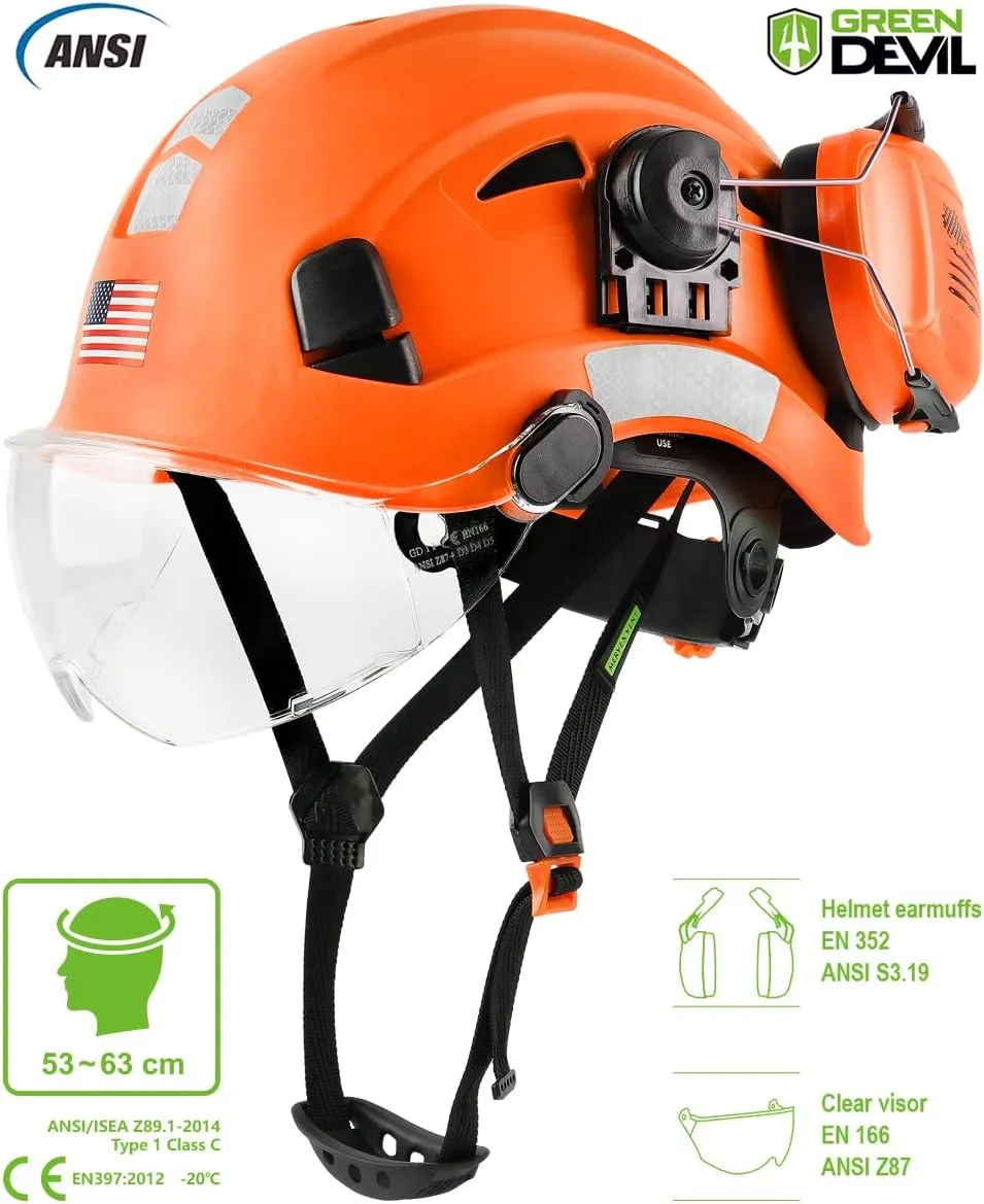 Safety Helmet Hard Hat with Visor and Ear Protection Adjustable Lightweight Vented ABS Work Helmet for Men and Women 6-Point Suspension ANSI Z89.1 Approved Ideal for Industrial & Construction