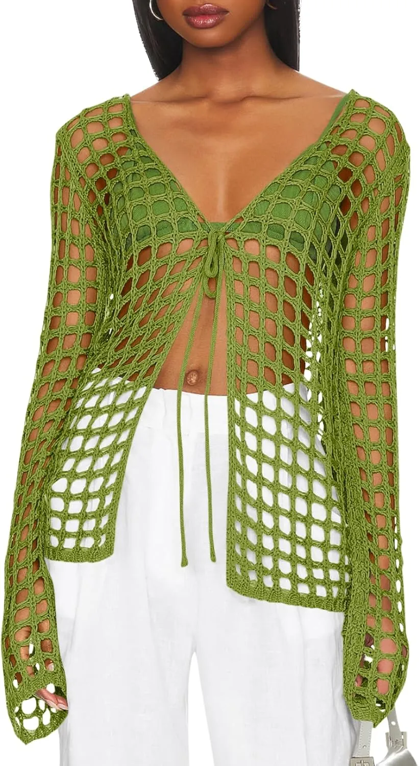 Saodimallsu Womens Long Sleeve Swimsuit Coverup Crochet Hollow Out Tie Front Swim Cover Up Knit Cardigan