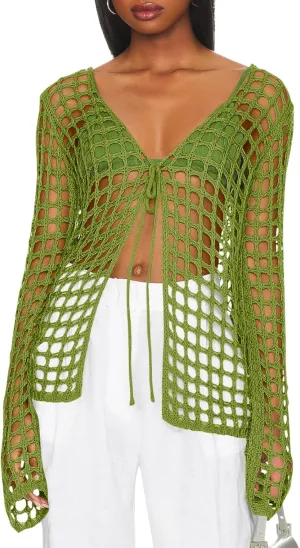 Saodimallsu Womens Long Sleeve Swimsuit Coverup Crochet Hollow Out Tie Front Swim Cover Up Knit Cardigan