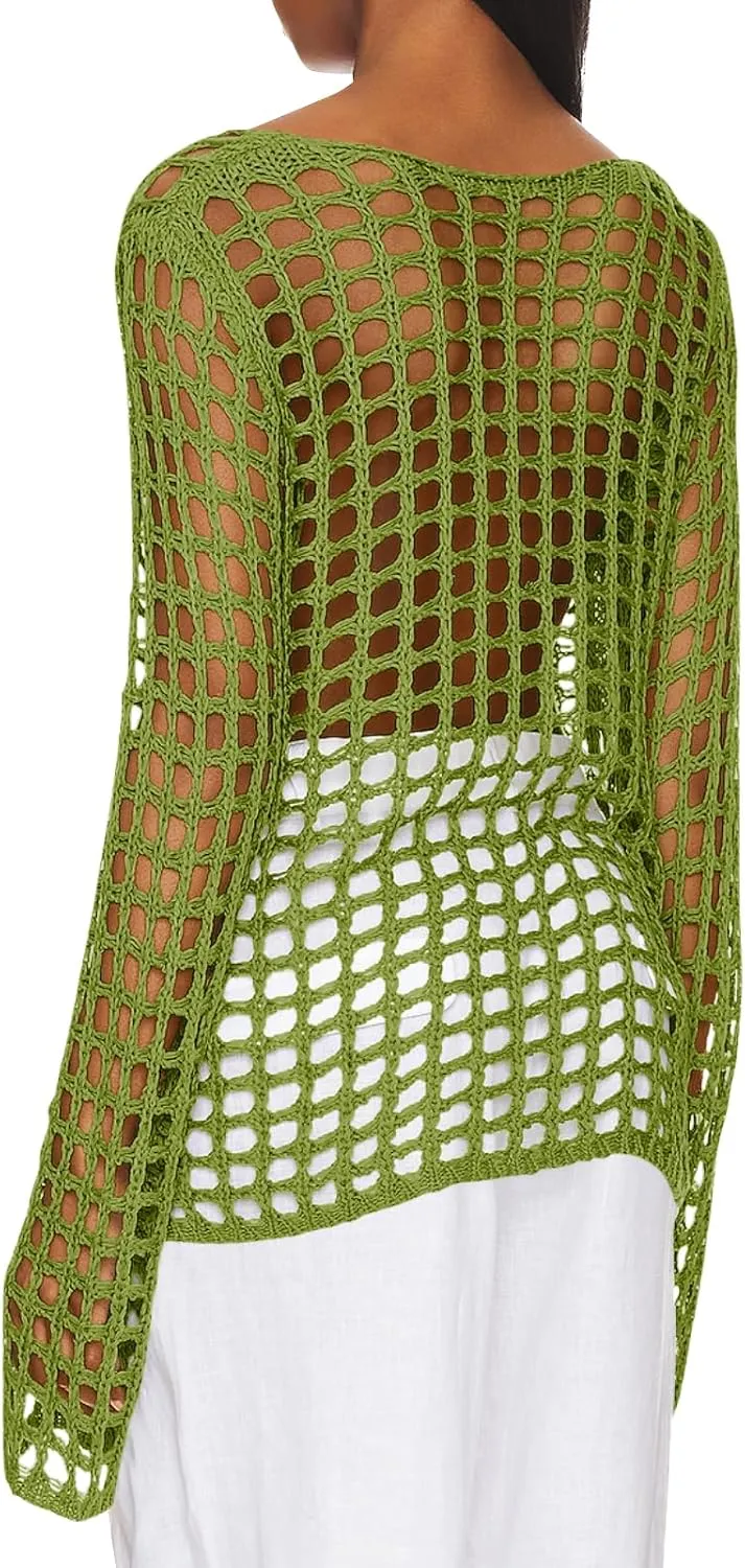 Saodimallsu Womens Long Sleeve Swimsuit Coverup Crochet Hollow Out Tie Front Swim Cover Up Knit Cardigan