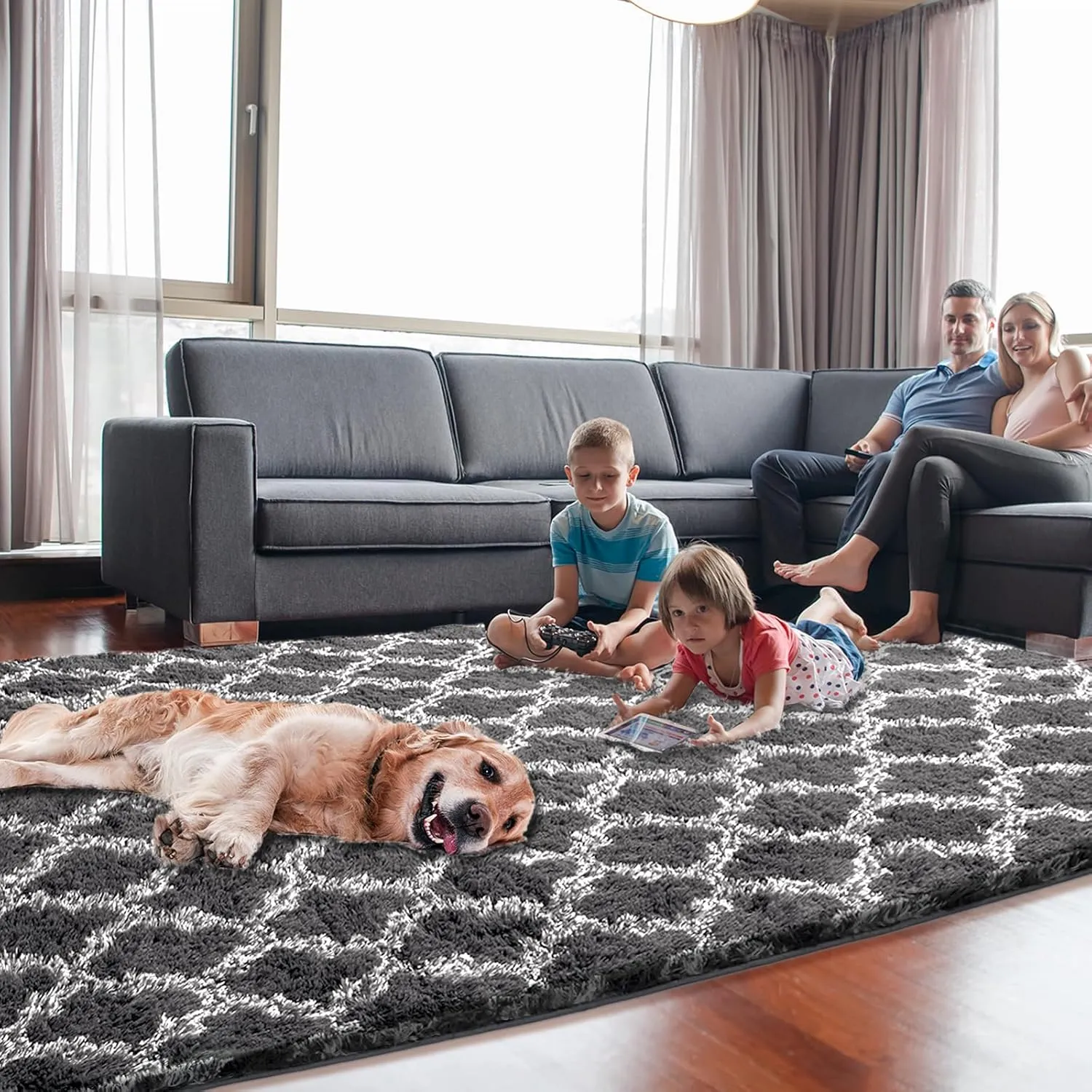Shag Area Rug 5x7 Feet Extra Soft Rugs for Living Room, High Pile Indoor Carpet for Bedroom, Playroom, Nursery, Home Decor, Geometric, Dark Grey/White