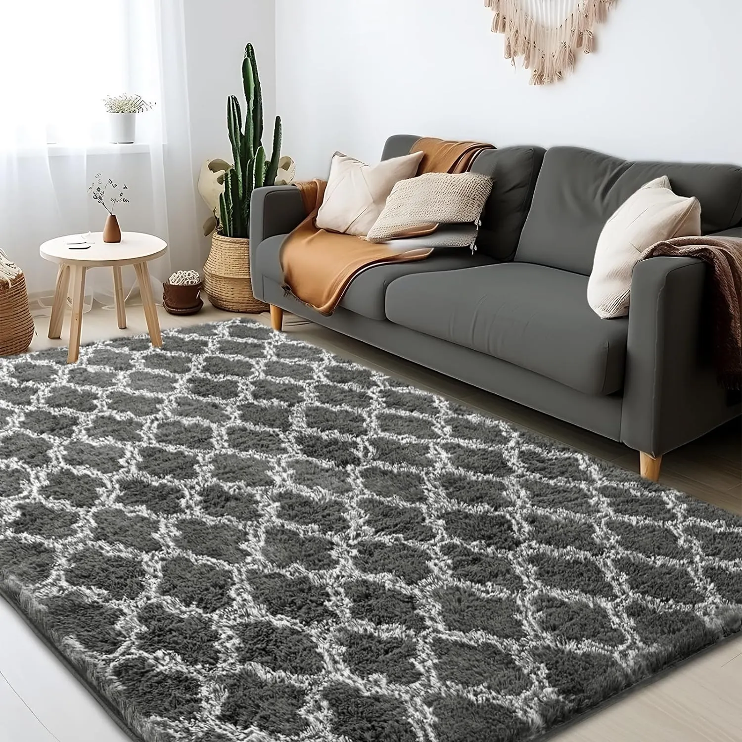 Shag Area Rug 5x7 Feet Extra Soft Rugs for Living Room, High Pile Indoor Carpet for Bedroom, Playroom, Nursery, Home Decor, Geometric, Dark Grey/White