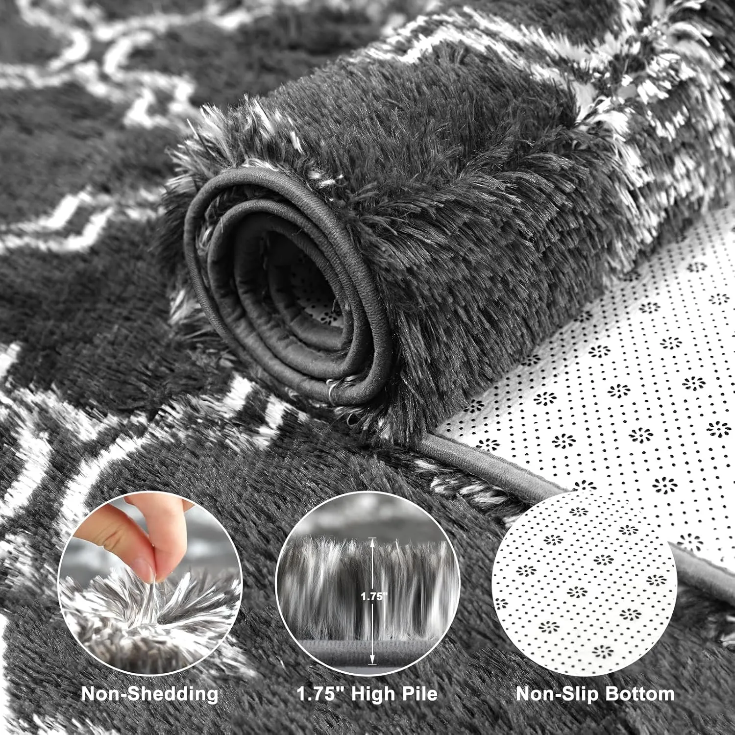 Shag Area Rug 5x7 Feet Extra Soft Rugs for Living Room, High Pile Indoor Carpet for Bedroom, Playroom, Nursery, Home Decor, Geometric, Dark Grey/White