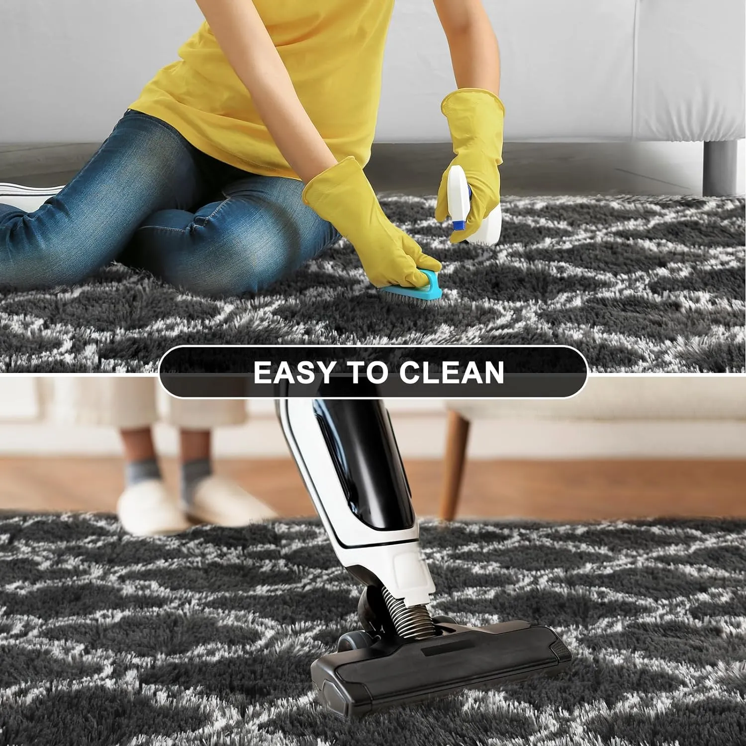 Shag Area Rug 5x7 Feet Extra Soft Rugs for Living Room, High Pile Indoor Carpet for Bedroom, Playroom, Nursery, Home Decor, Geometric, Dark Grey/White