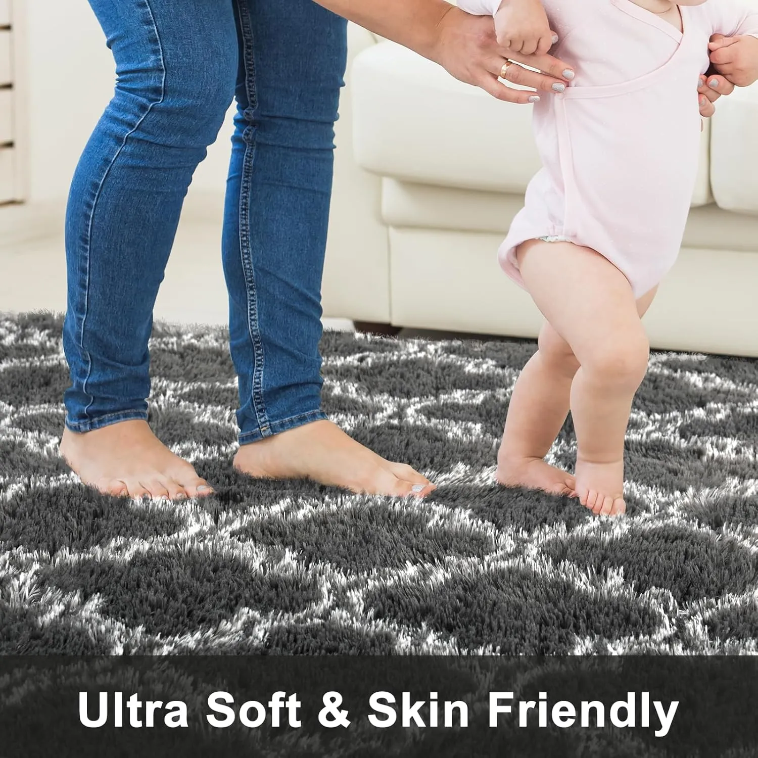 Shag Area Rug 5x7 Feet Extra Soft Rugs for Living Room, High Pile Indoor Carpet for Bedroom, Playroom, Nursery, Home Decor, Geometric, Dark Grey/White