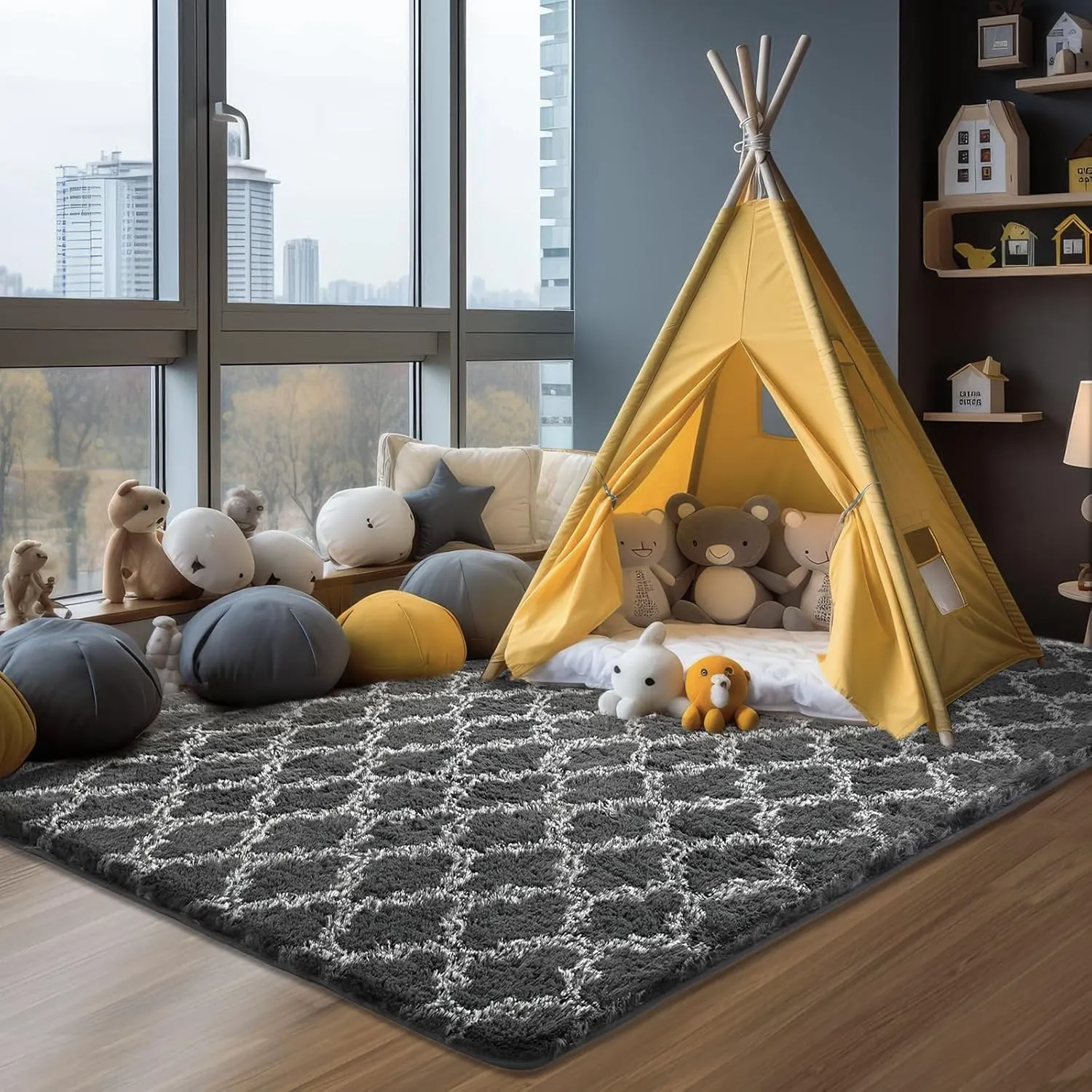 Shag Area Rug 5x7 Feet Extra Soft Rugs for Living Room, High Pile Indoor Carpet for Bedroom, Playroom, Nursery, Home Decor, Geometric, Dark Grey/White