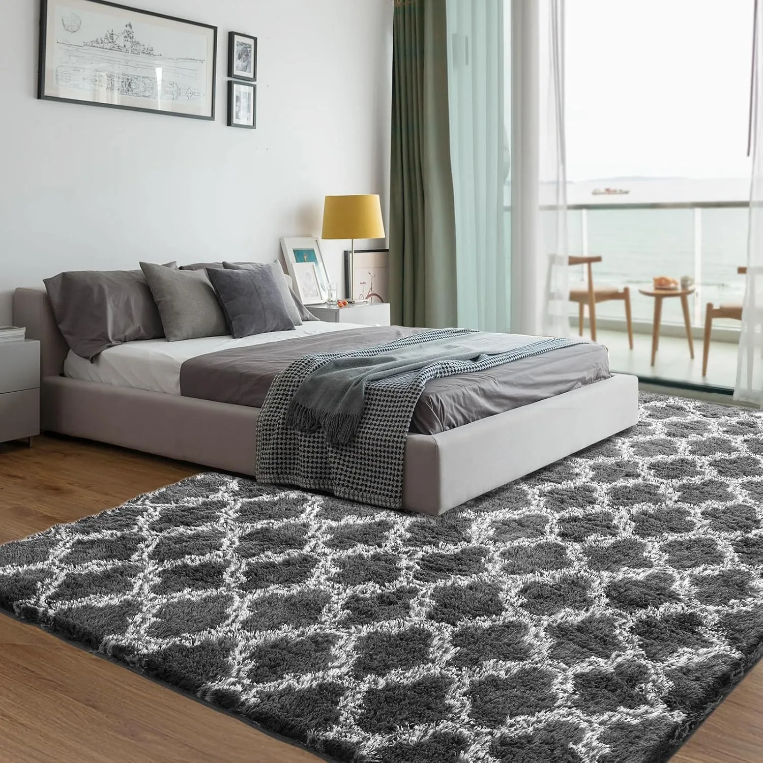 Shag Area Rug 5x7 Feet Extra Soft Rugs for Living Room, High Pile Indoor Carpet for Bedroom, Playroom, Nursery, Home Decor, Geometric, Dark Grey/White